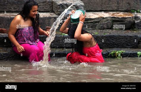 Kathmandu Nepal 06th Sep 2016 Hindu Women Take A Bath Ritual By