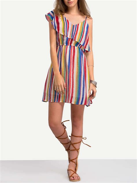 Multicolor Vertical Striped One Shoulder Ruffle Dress Sheinsheinside