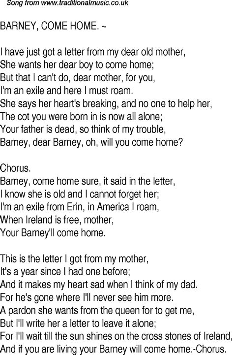 Sing along to barney's theme song. Old Time Song Lyrics for 13 Barney, Come Home