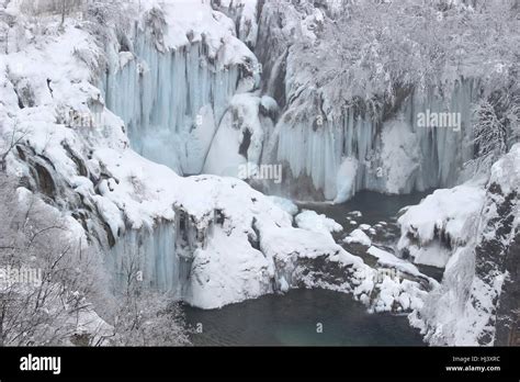 Plitvice Lake National Park In Croatia Frozen Waterfalls