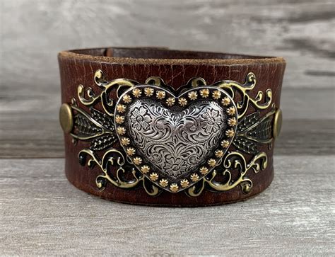 leather cuff bracelet with two tone heart concho recycled etsy leather cuffs bracelet