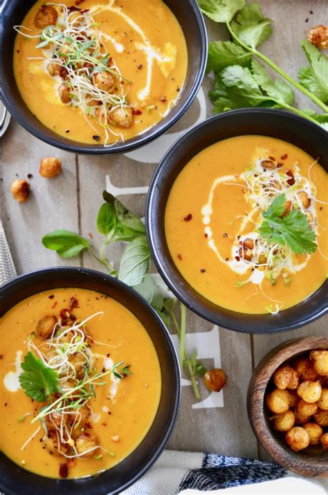 Vegetarian Coconut Curry Carrot Soup With Cumin Spiced Chickpeas