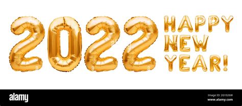 Happy New Year 2022 phrase made of golden inflatable balloons isolated