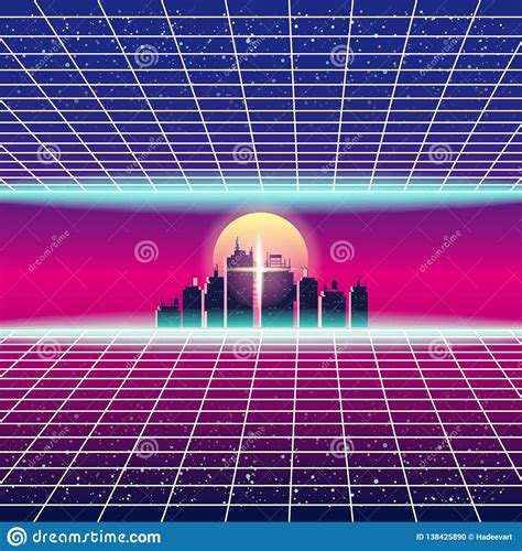 Synthwave Retro Futuristic Landscape With City Sun Stars And Styled