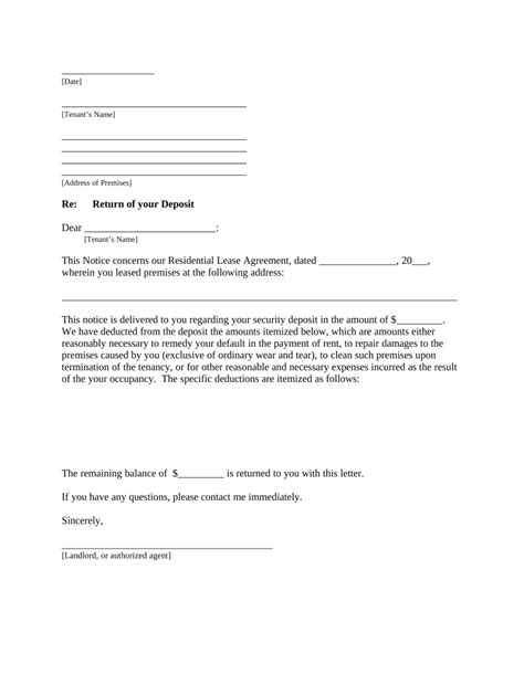 letter from landlord to tenant returning security deposit less deductions michigan form fill