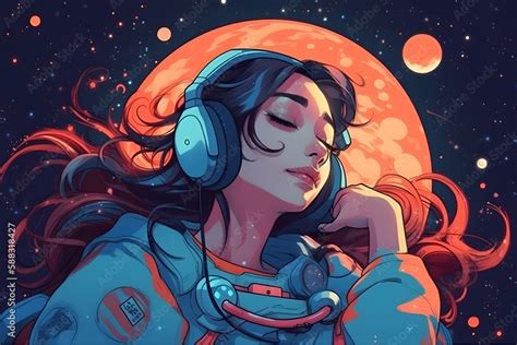 Beautiful Cute Anime Girl Floating In Space Listening To Music In Her
