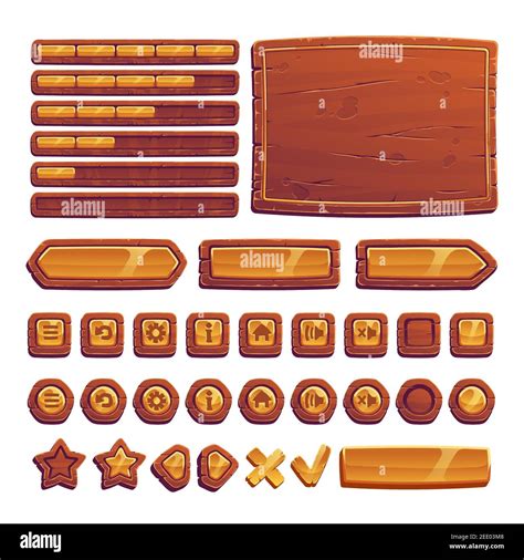 Wooden And Gold Buttons For Ui Game Gui Elements Isolated On White