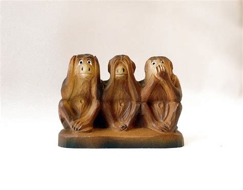 Three Wise Monkeys Wooden Figure Handmade Sculpture Hand Etsy