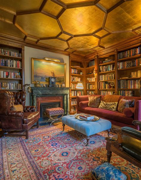 Old World Library With Gilt Coffered Ceiling Decoratively Painted
