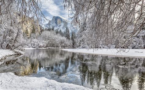 Winter Nature Snow Mountains Reflection Trees Water Yosemite