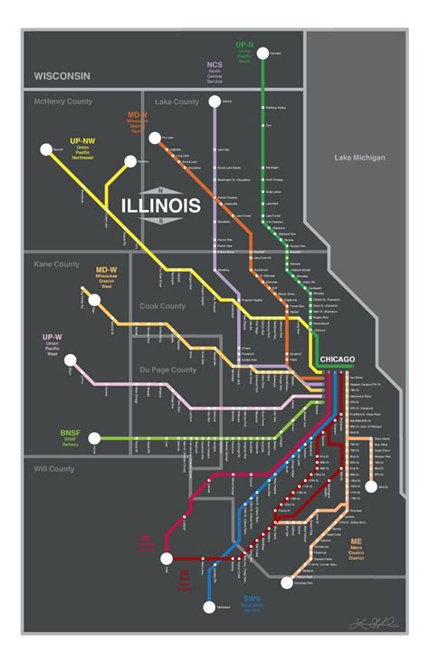 Chicago Metra Lines Map Original Graphic Design 11x17 1st Edition