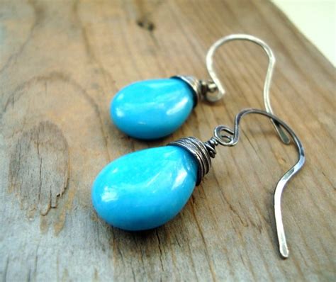 Large Turquoise Teardrop Earrings Wire Wrapped Oxidized Etsy