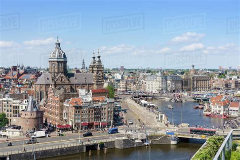 High Angle View Of Central Amsterdam With St Nicholas Church And Tower