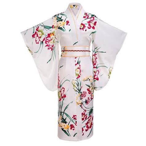 White Japanese Women Fashion Tradition Yukata Silk Rayon Kimono With Obi Flower Vintage