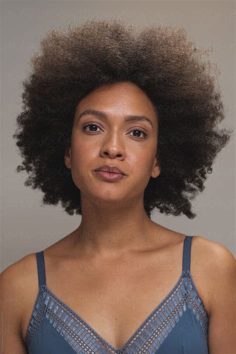 Beautiful Mixed Race Woman With Afro Hairstyle Wearing Bra By Stocksy