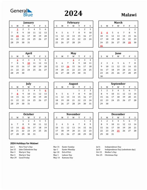 Free Printable 2024 Malawi Holiday Calendar