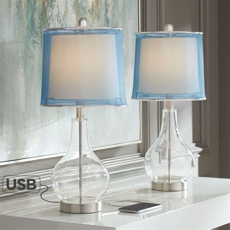 360 Lighting Modern Accent Table Lamps Set Of 2 With Usb Charging Port Clear Glass Blue Drum