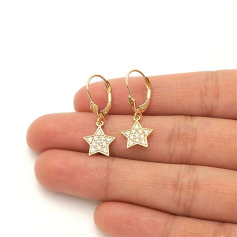K Yellow Gold Simulated Diamond Star Dangle Drop Leverback Earrings