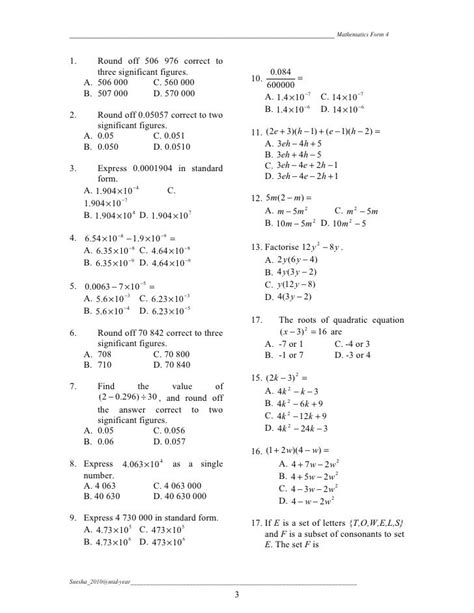 Mathematics Form 1 Exercise With Answer Exercise Poster