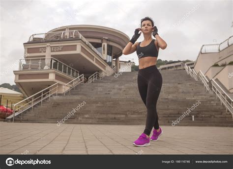 Brunette Slim Adult Sexy Fit Sporty Caucasian Woman In Sportswea Stock