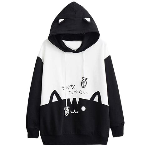 Cat Ear Hoodie Pullover Kawaii Cat Pocket Streetwear Loose Black And