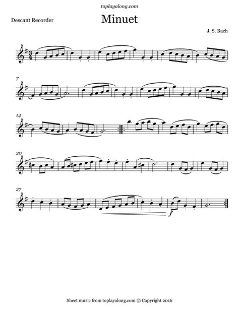 J S Bach Minuet Sheet Music Flute Sheet Music Violin Sheet Music