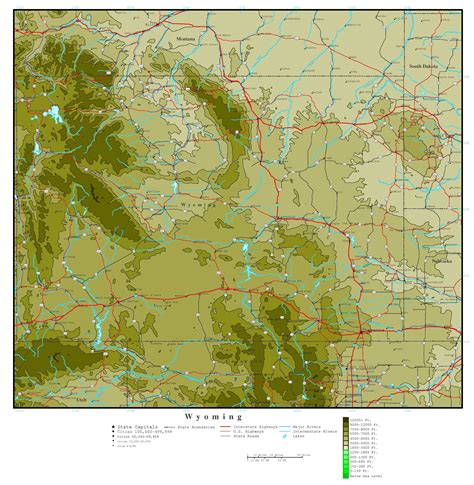 Laminated Map Large Detailed Elevation Map Of Wyoming State With
