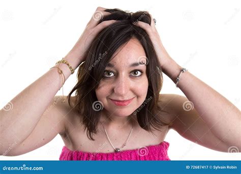 Woman Runs Her Hands Through Her Hair At Bathroom Stock Image Image