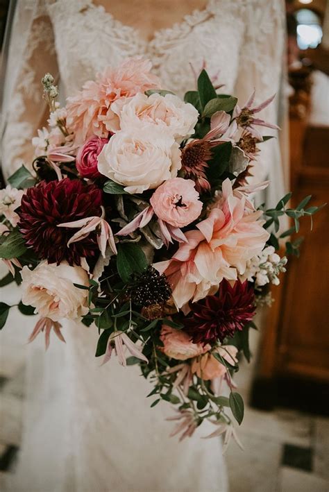 Bouquets with fall fruits and veggies. with tones of blush pink, burgundy and lots of greenery ...