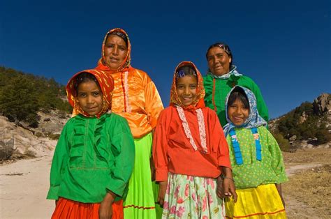 Tarahumara Indian Women And Girls Wearing Their Colorful Native Costumes Ejido San Alonso