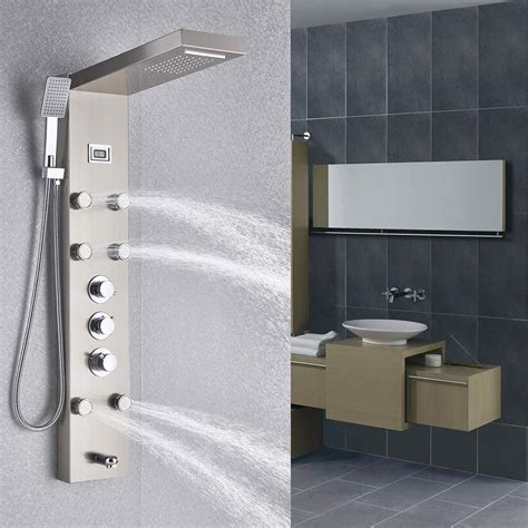 Senlesen Brushed Nickel Rainfall Waterfall Massage Multi Function Bathroom Shower Panel Tower