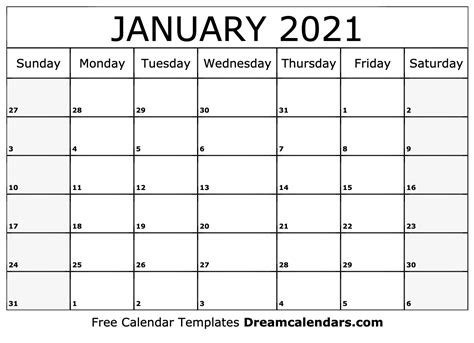 Download Printable January 2021 Calendars
