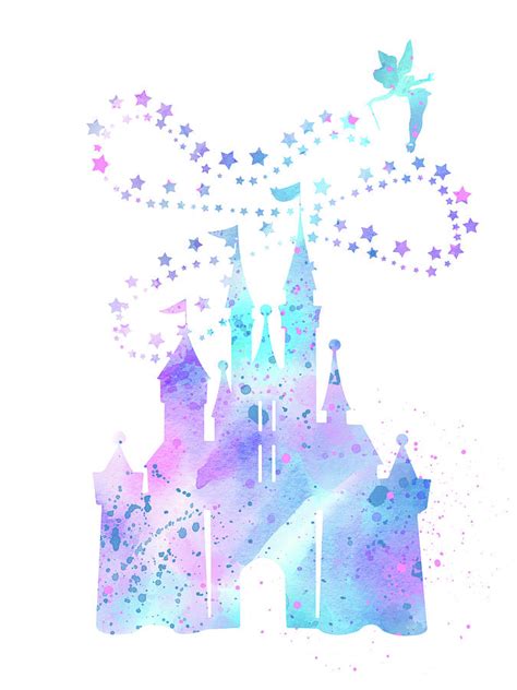 Disney Castle And Tinker Bell Blue Watercolor Digital Art By Mihaela