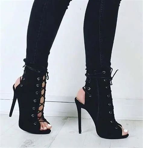 Hot Selling Open Toe Lace Up Sandal Boots Black Suede Cutouts Ankle Boots For Woman 2017 High