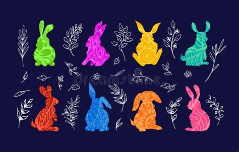 Colorful Easter Bunnies Doodle Pattern And Twigs Stock Vector