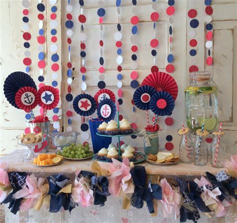 The border is basic white satin ribbon attached with small dots of icing. Nautical Baby Shower Decorations Red White and Blue Party ...