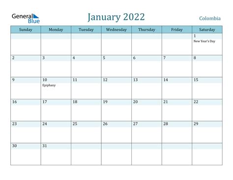 January 2022 Calendar Colombia