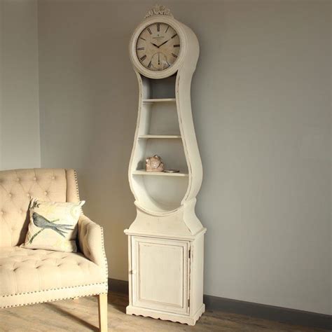 Cream Distressed Antique Style Grandfather Clock Shelves Storage