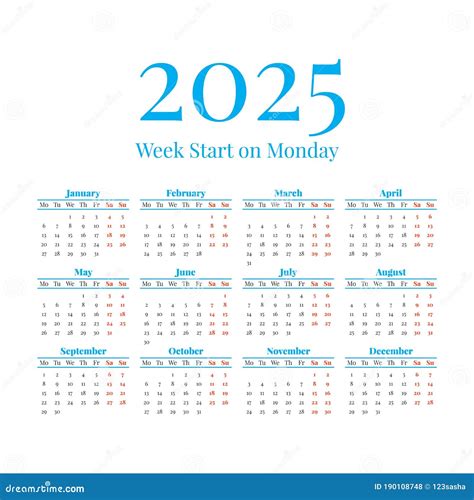 2025 Classic Calendar Week Days Start On Monday Stock Vector