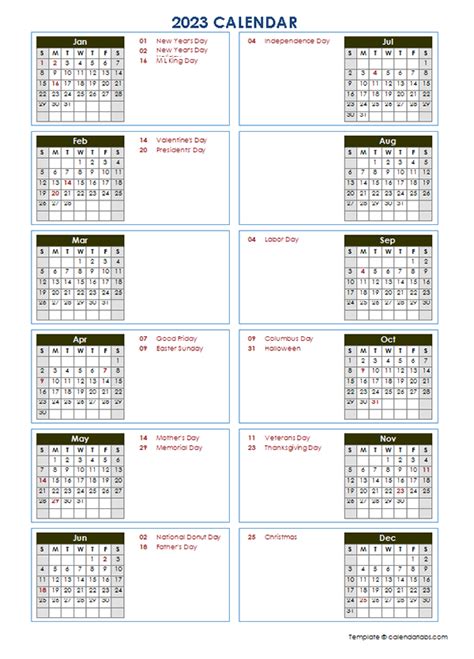2023 yearly calendar template vertical design