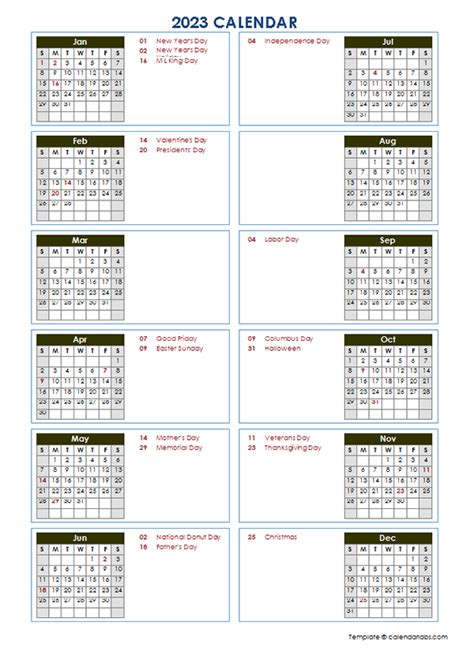 2023 Yearly Calendar Template Vertical Design Free