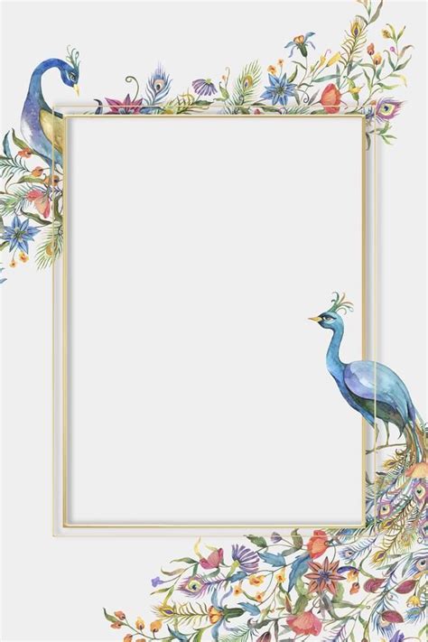 an ornate frame with watercolor peacocks and flowers on the sides in front of a white background