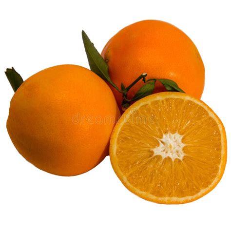 Three Fresh Oranges With Green Leaves On White Background Stock Photo