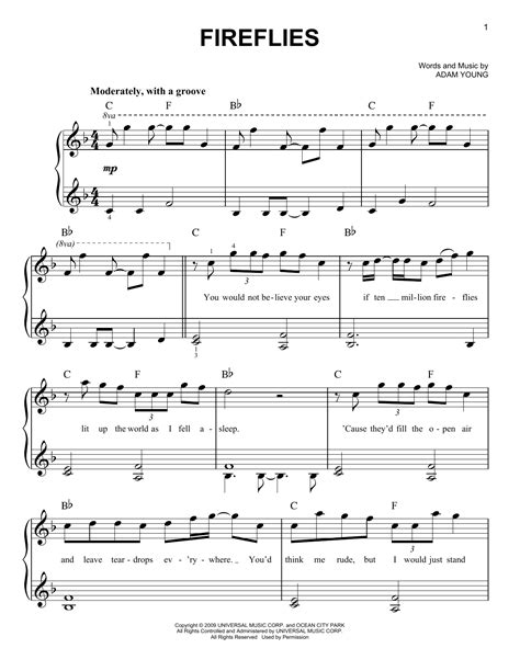 Fireflies Sheet Music By Owl City Easy Piano 74973