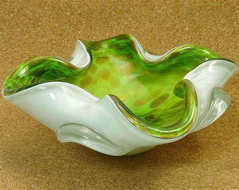 Vintage Mid Century Murano Art Glass Bowl Green With Gold Etsy