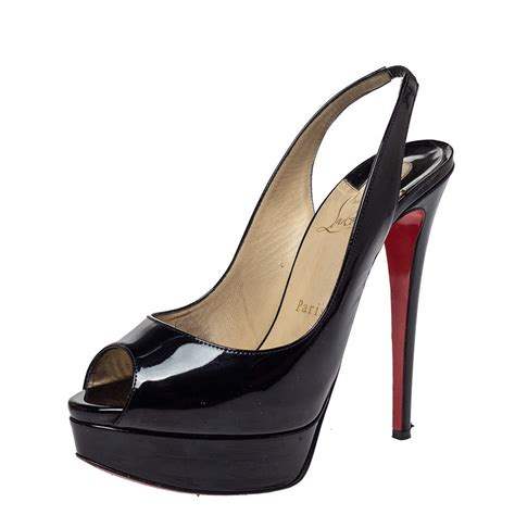 Christian Louboutin Black Patent Leather Lady Peep Toe Platform Pumps Size 38 5 Christian