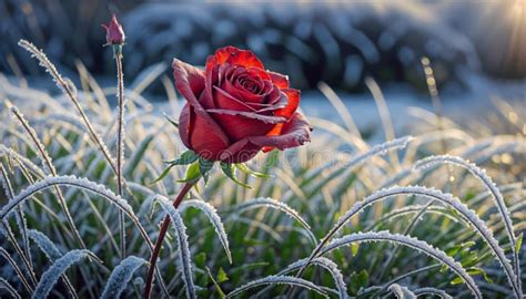 Frost Kissed Rose Ruby Red Rose Shines Amidst Frozen Grass Bathed In