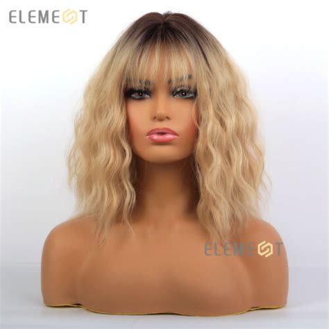Element Bob Curly Ombre Blonde Hair Wigs With Bangs For Women Shoulder