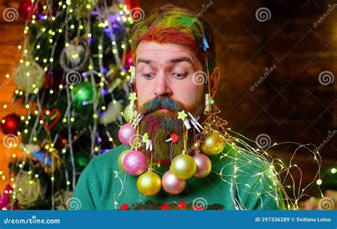 Christmas Or New Year Barbershop Beard With Bauble Stock Image Image Of Face Handsome 297336289