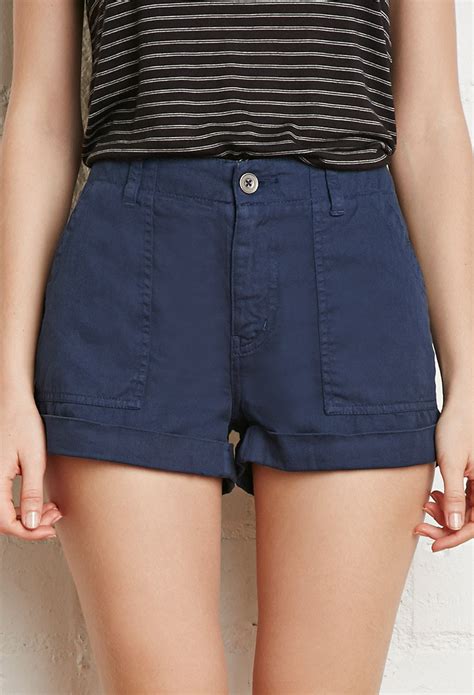 Forever 21 Cuffed Hem Cotton Shorts In Blue Navy Lyst